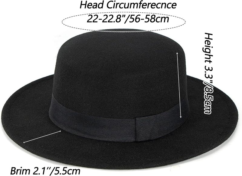 Mawjom Wide-Brim-Felt-Panama-Fedora-Hat with Flat-Top-Pork-Pie Cap for Women Men (Size:M) - Image 3